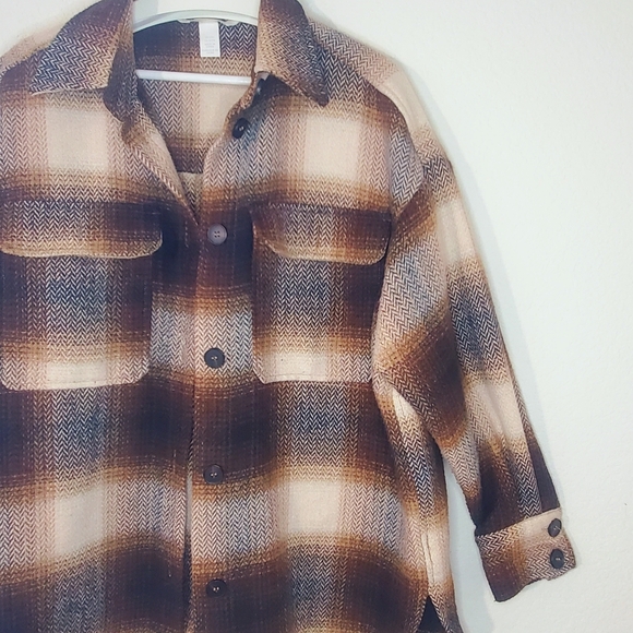 H&M Oversize Brown Plaid Mid Weight Shirt Jacket L/XL Shacket - Picture 13 of 14